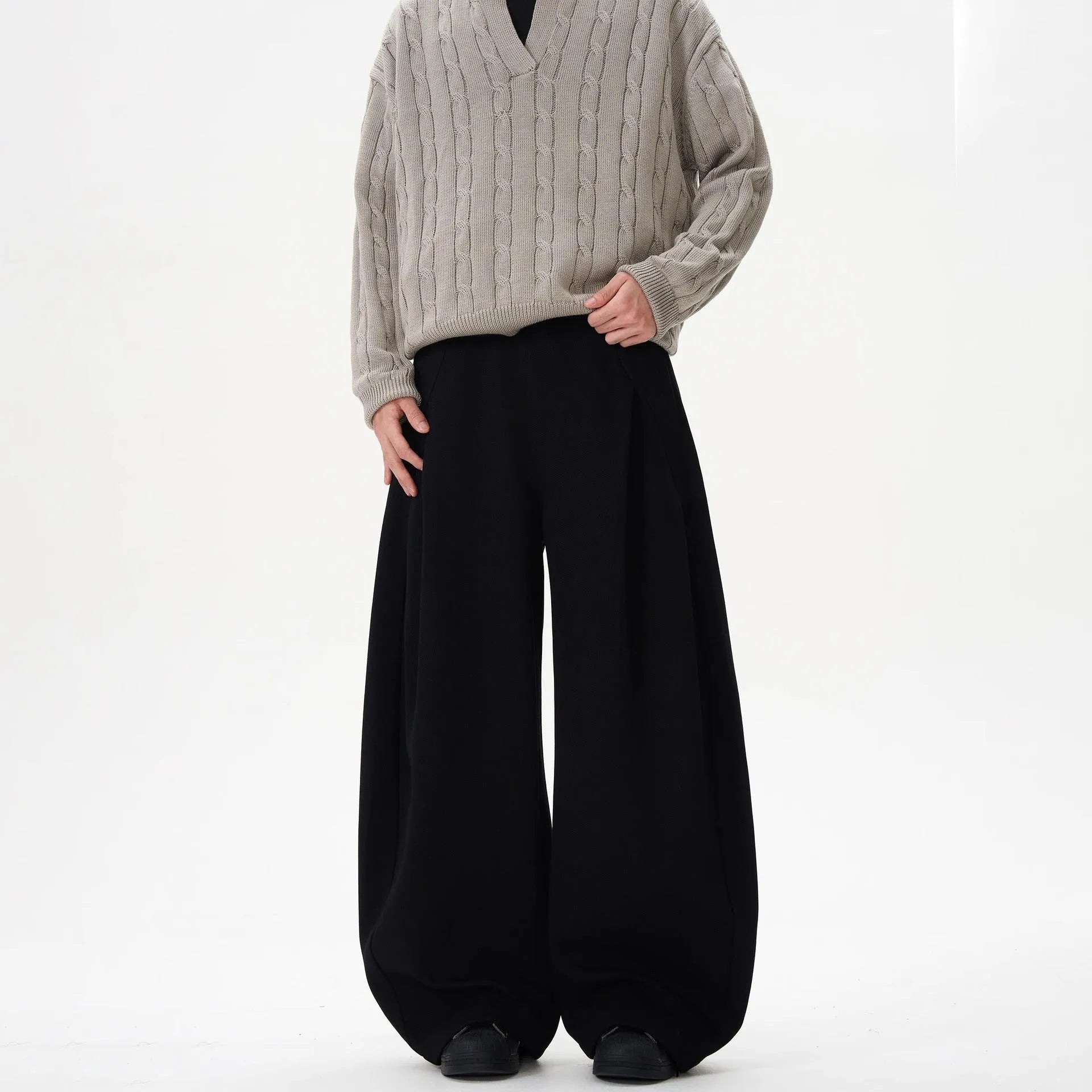 Women's polyester wide-leg trousers in black, loose fit straight leg design, mid rise waist