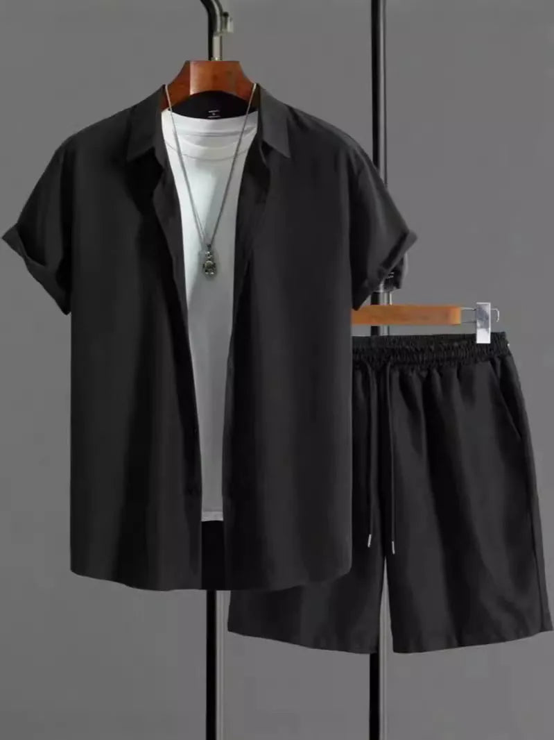 Mens jacquard short sleeve suit shirt and shorts set in solid colour with Asian sizing