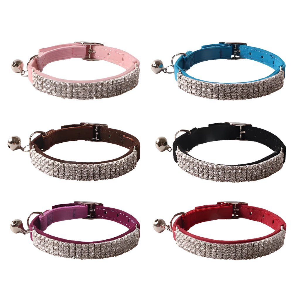 Flocked fabric cat collar with elastic buckle and gang drill pattern in multiple colours.