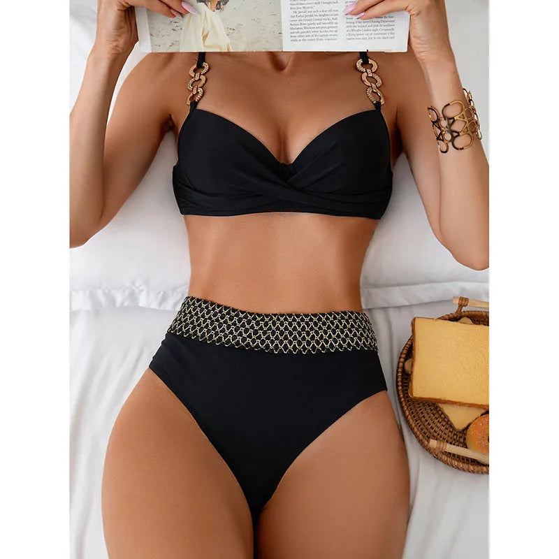 Black polyester bikini swimsuit with sleeveless top and split leg briefs European fit