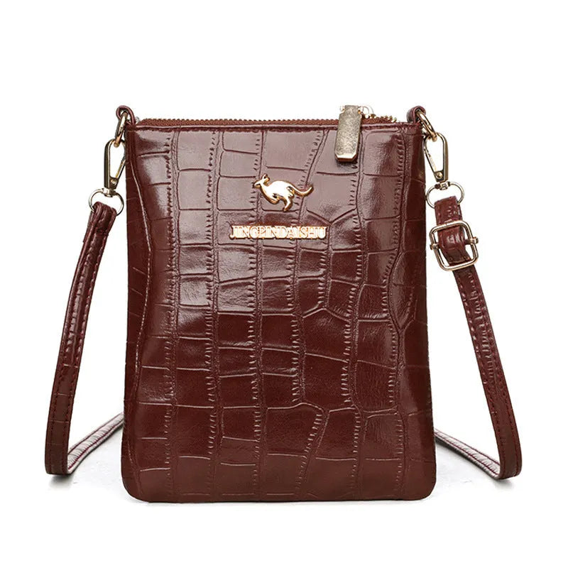 Soft black PU leather square vertical shoulder messenger bag with an external front pocket.