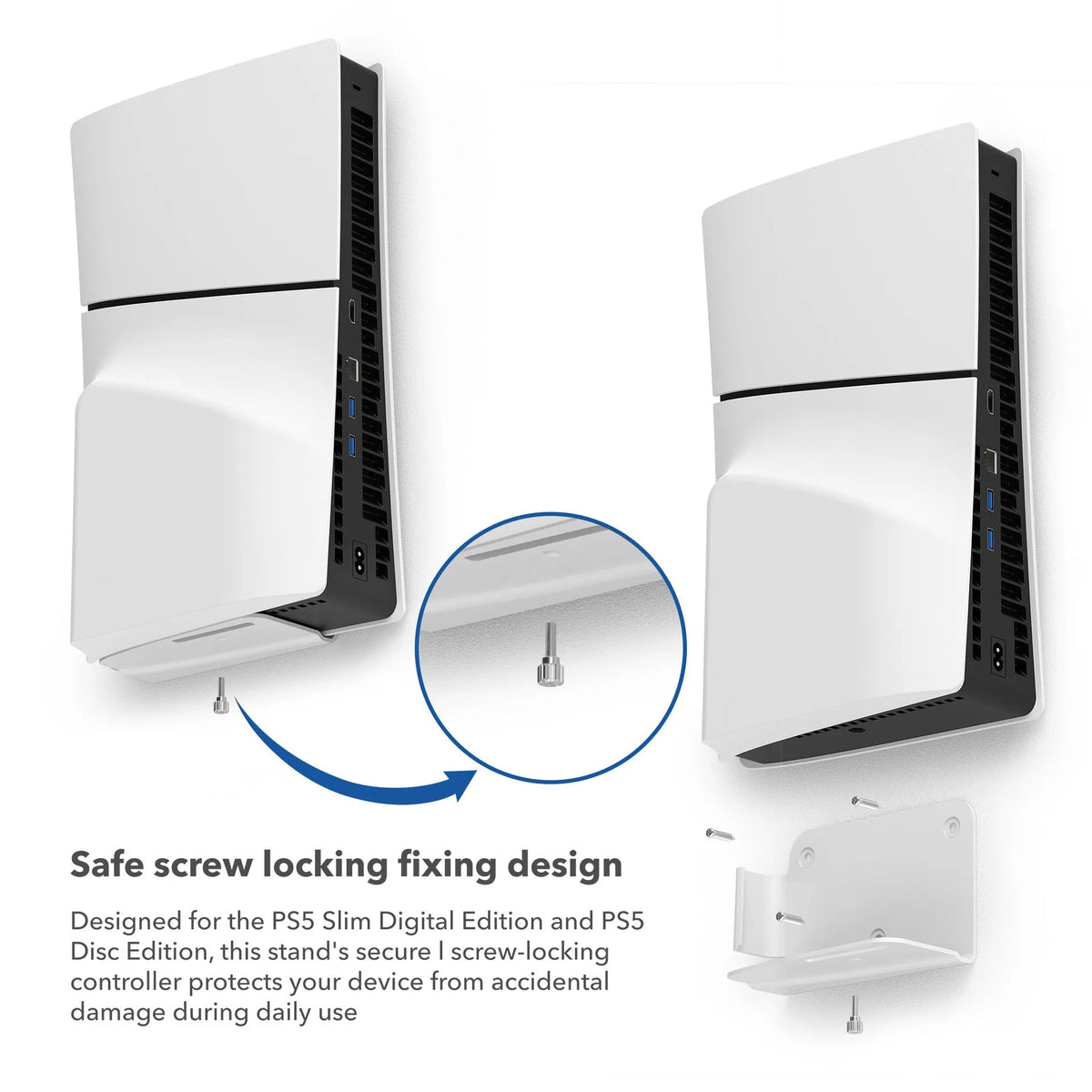 Aluminium alloy wall mount bracket for PS5 Slim console, black or white, 162mm x 100mm x 75mm, with screws and plugs.