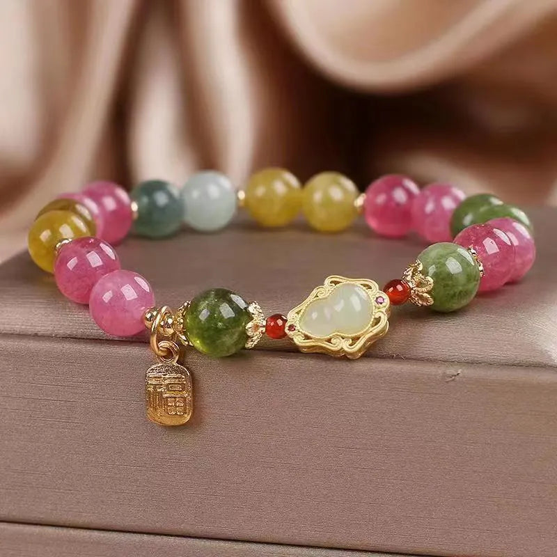 Women's bracelet with gourd blessing card design and colourful tourmaline electroplating finish