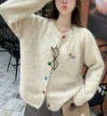 Women's round neck long sleeve cardigan with puppy pattern and buttons, acrylic knit, free size, 50cm length