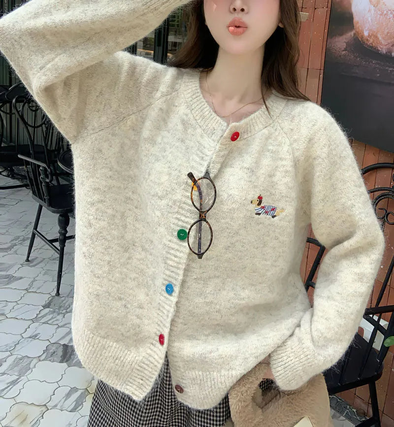 Women's round neck long sleeve cardigan with puppy pattern and buttons, acrylic knit, free size, 50cm length