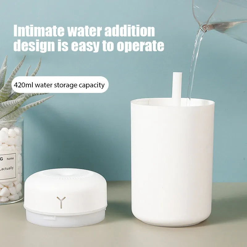 White columnar plastic desktop USB humidifier with single fog outlet for indoor use