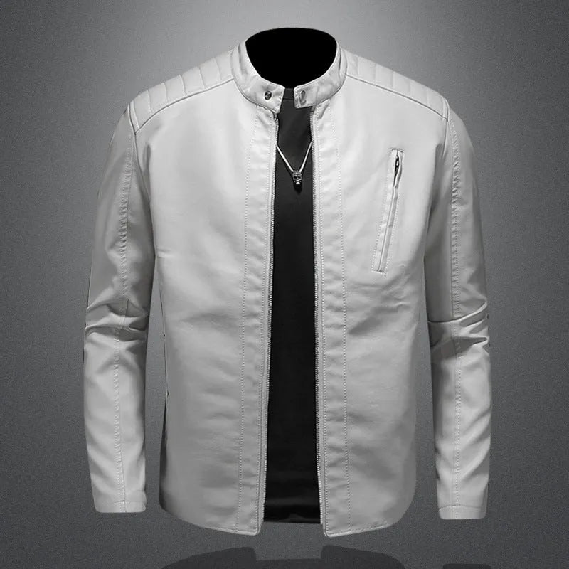 Plus size men's PU leather jacket with stand collar and zippered pockets in black