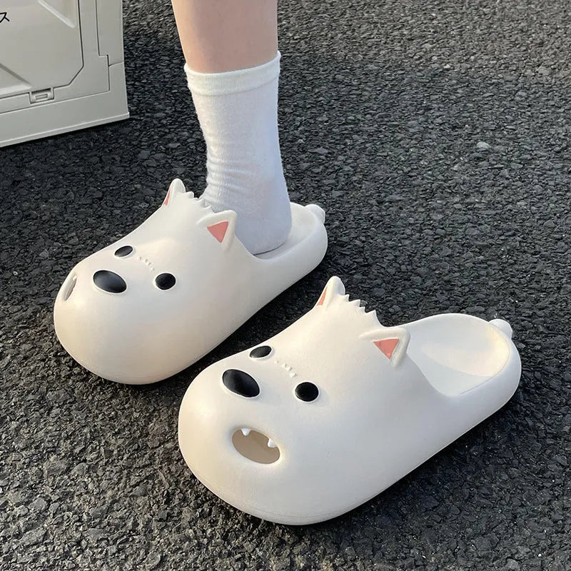 Women's white EVA foam sandal slippers with toe cap design on wooden floor