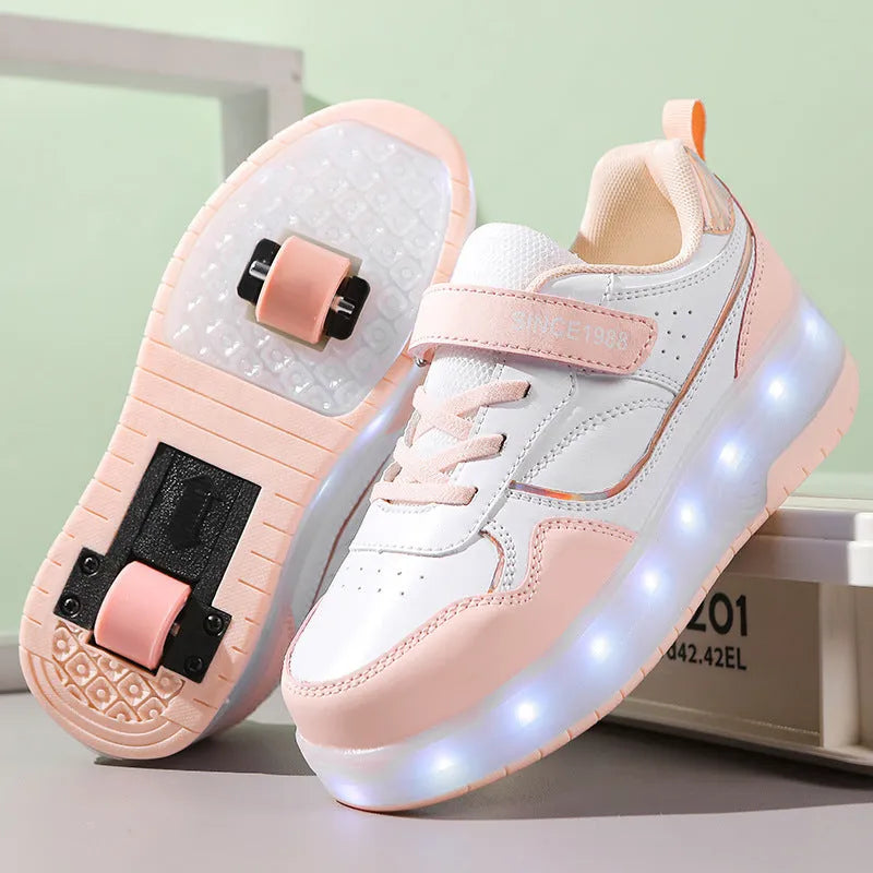 Boy and girl wearing rechargeable LED light-up roller skates in pink and black, showing two-wheel and four-wheel designs.