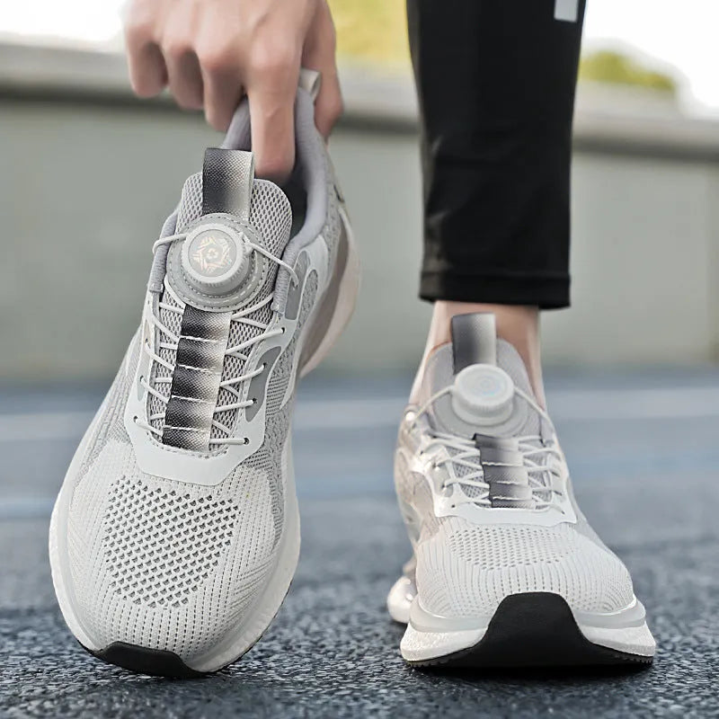 Men's white rotating buckle sports shoes with breathable mesh upper and Korean style design