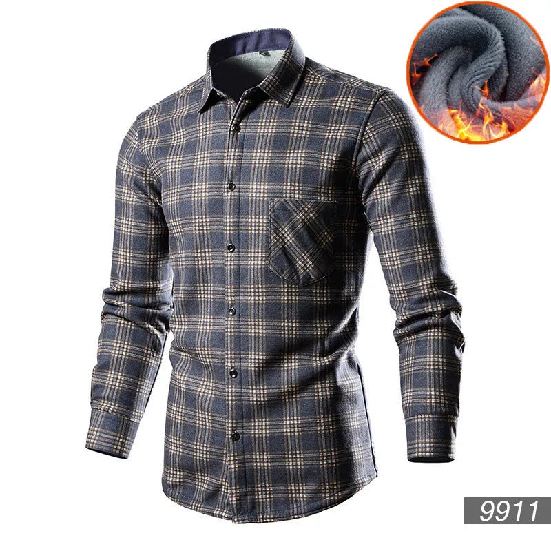 Men's fleece-lined cardigan shirt in solid colour with loose fit design