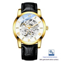 Hollow automatic mechanical watch with belt strap, black shell and black surface, 13mm thickness, business style for men