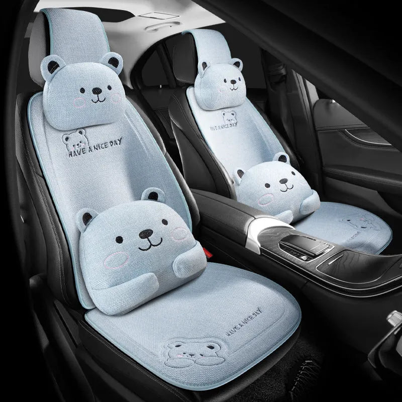 Car seat cushion set showing headrest and lumbar support cushions in linen fabric