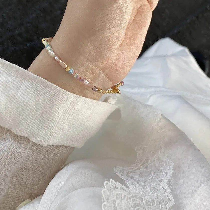 Purple natural pearl bracelet and necklace set with 14K gilded irregular U-shaped beads