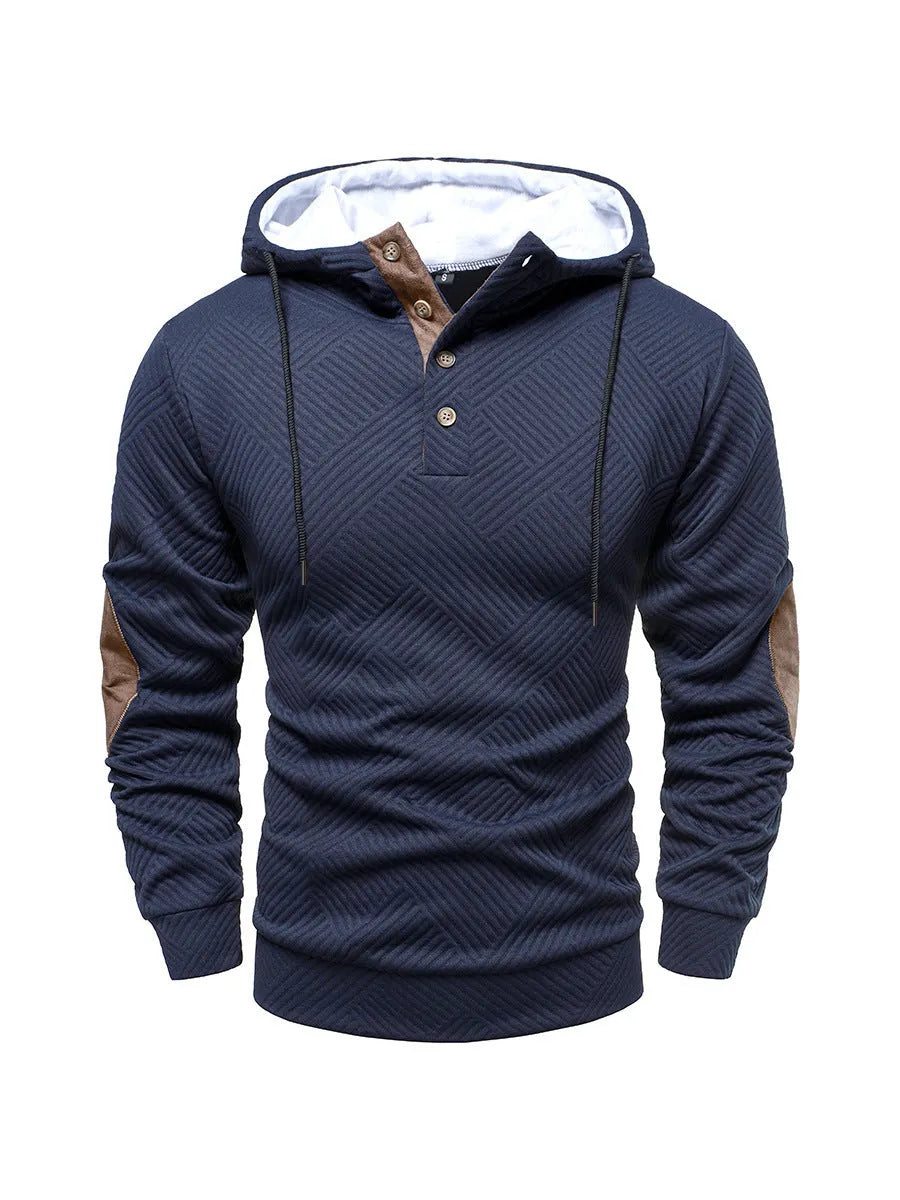 Men's loose hooded casual pullover in dark gray, long sleeves, polyester fibre construction