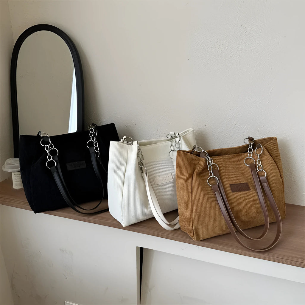 Corduroy one-shoulder tote handbag in black, white or brown with three-dimensional pocket