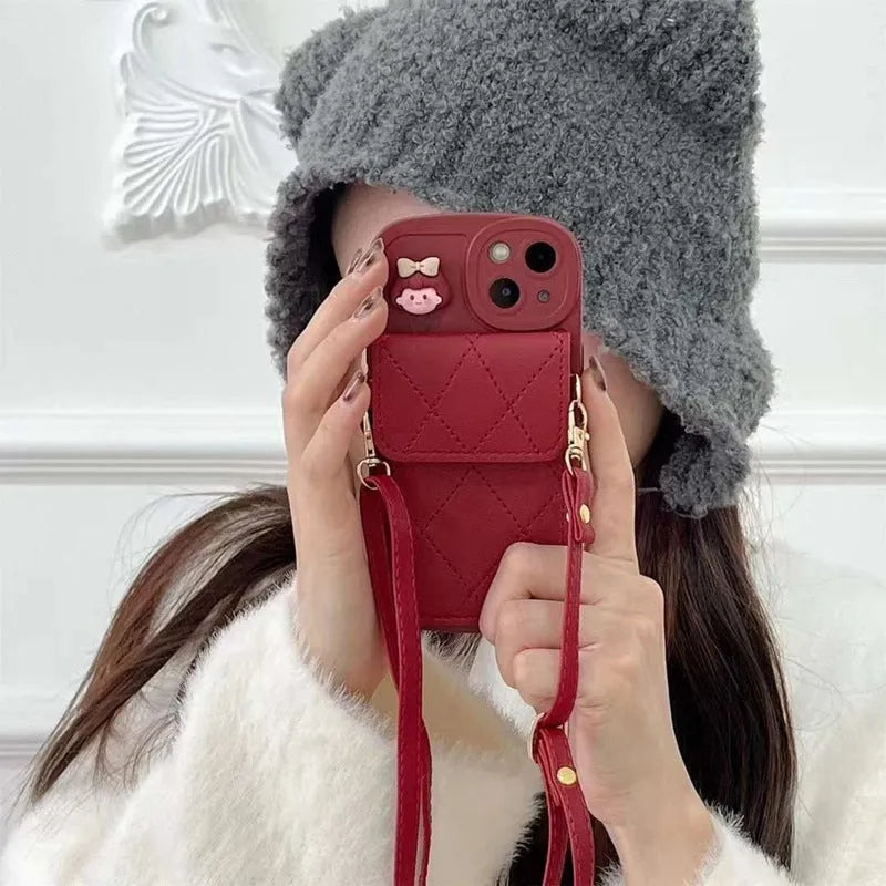 Red TPU crossbody card holder phone case with lanyard for iPhone, red diamond plaid pattern