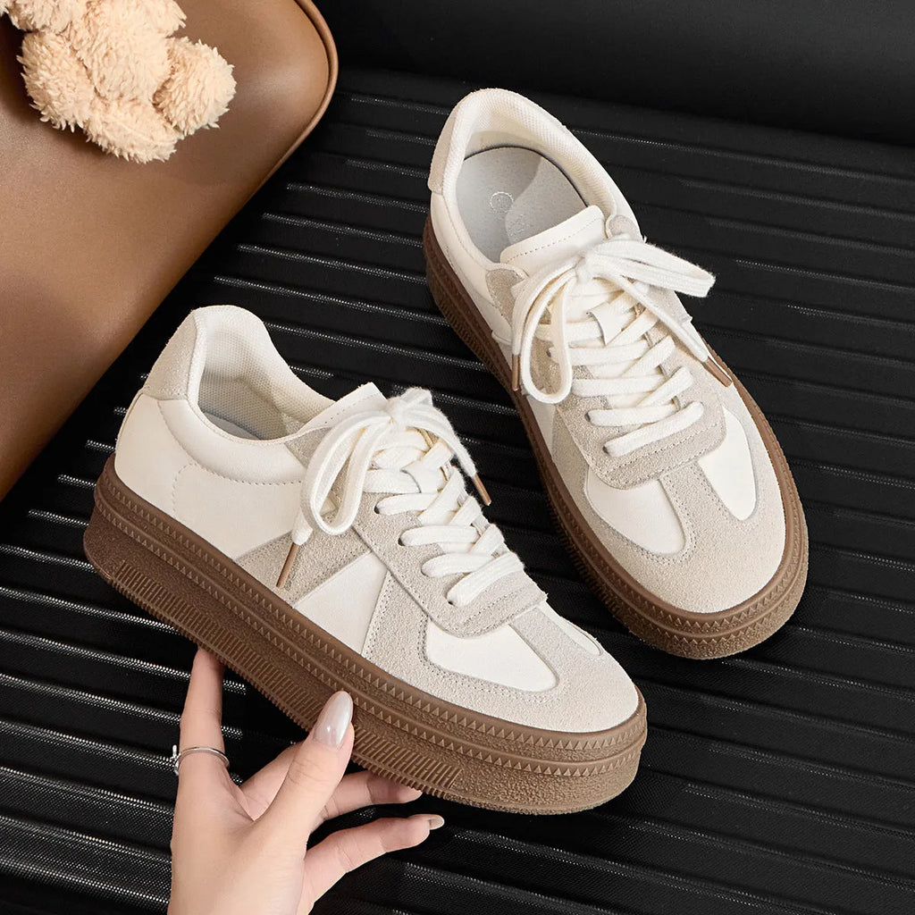Retro beige and silver casual sports shoes with cross shoulder straps and round toe.