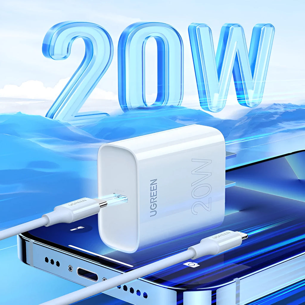 White 20W USB-C PD charger, MFi certified, compact 70x35x90mm, for iPhone 8-14