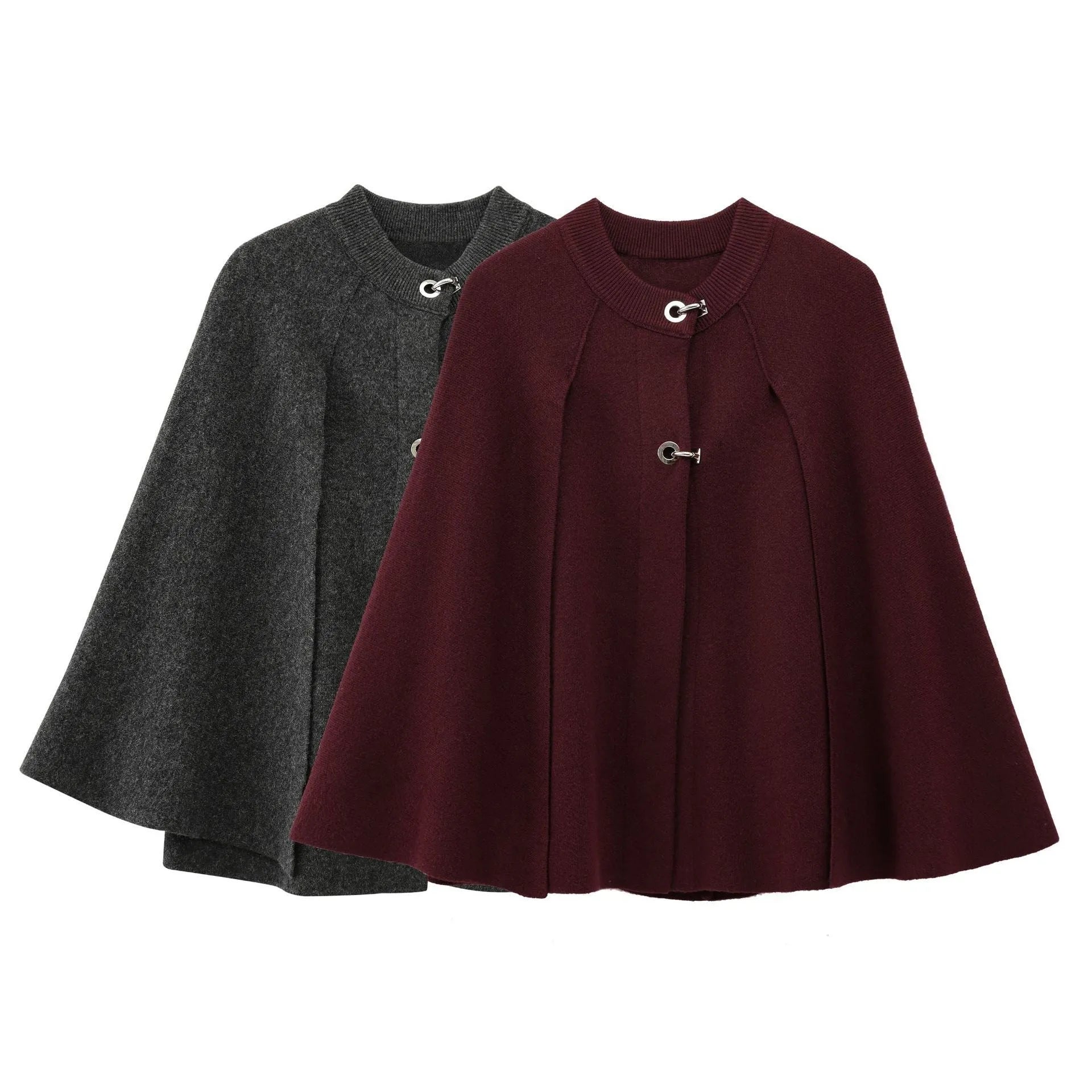 Cape round neck long sleeve knitted sweater coat in solid colour polyester, available in gray and wine red, sizes S M L