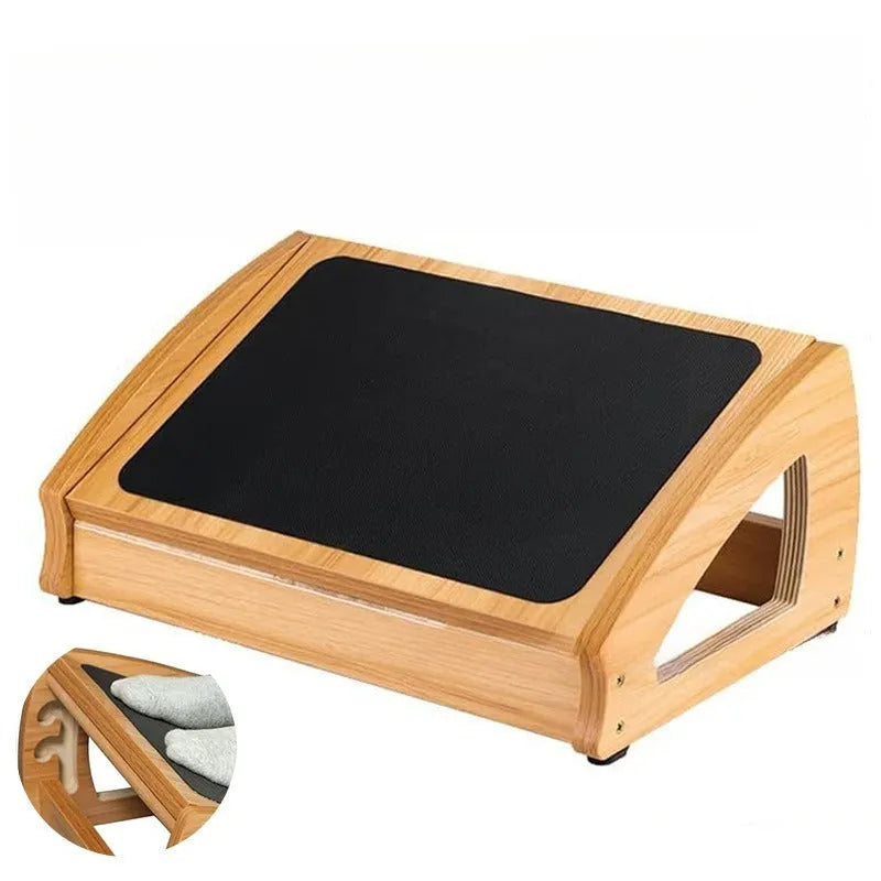 Wooden bamboo office desk footstool in natural wood colour with modern simple design.