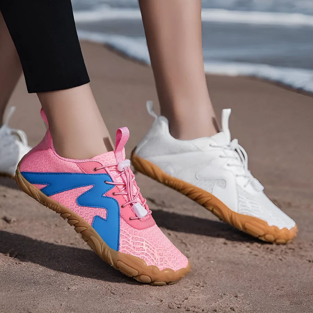 A pair of sports climbing shoes with a breathable Flyknit lining and rubber outsole.