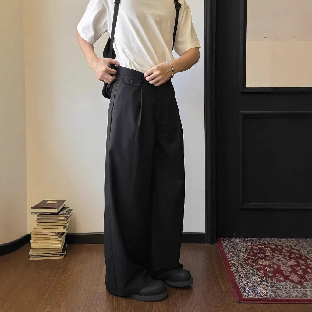 Men's brown straight-leg wide trousers with casual draping design
