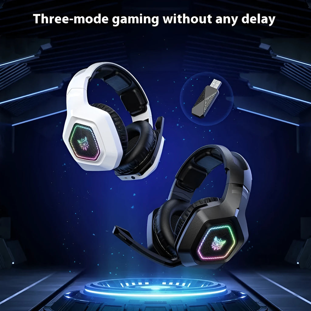 Black or white wireless gaming headset with RGB lights, showing its lightweight 24g design.