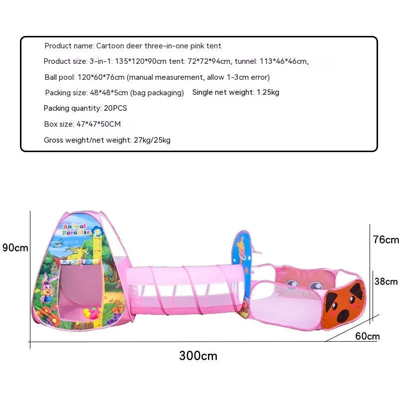 Children's three-in-one tent play set with ball pool and tunnel in marine theme