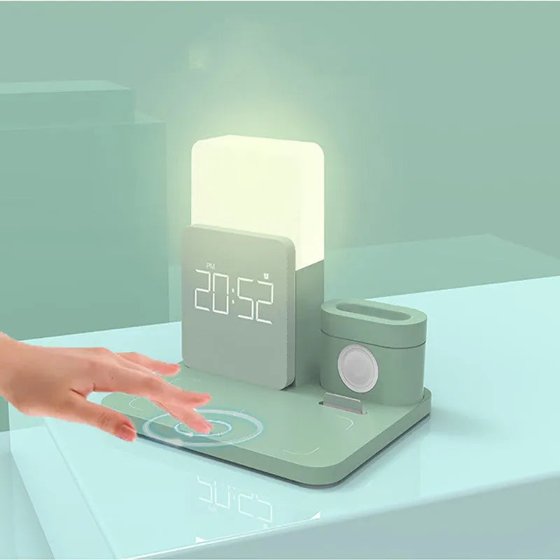 A dark green 3-in-1 wireless charging stand for iPhone, Apple Watch, and AirPods on a desk.