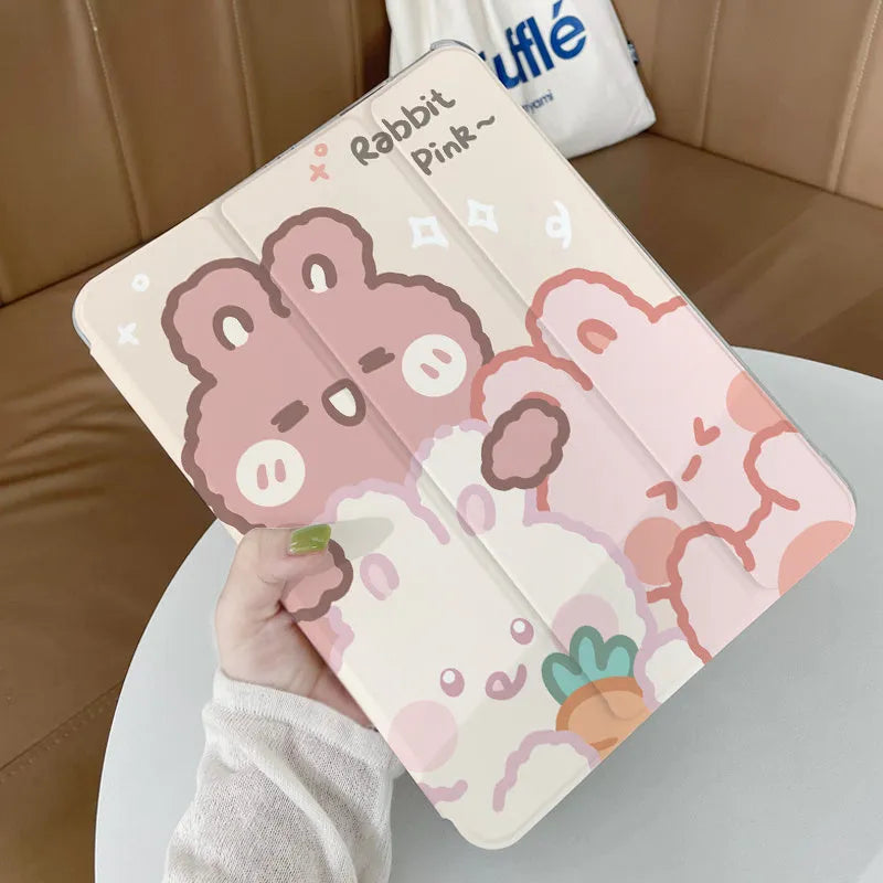Silicone tri-fold protective case for iPad with cartoon rabbit design shown in stand mode.