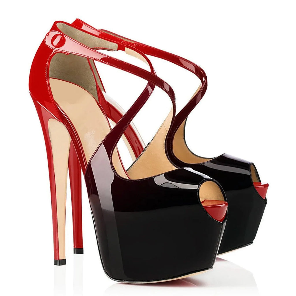 Black and red women's peep toe high heel shoes with matching cross ankle straps