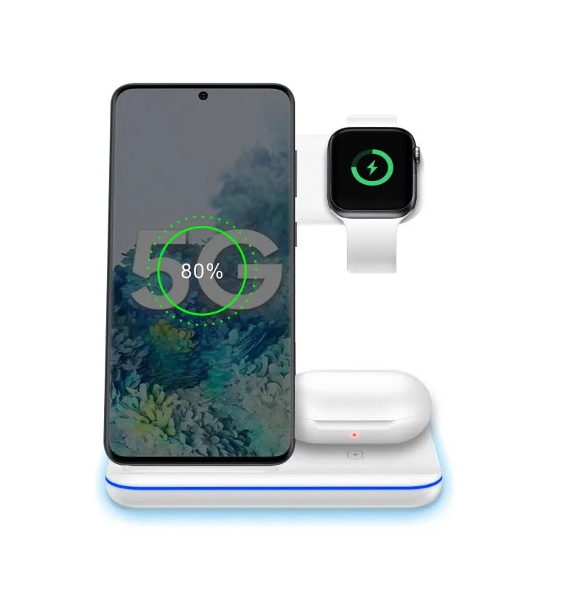 White three-in-one wireless charging station for phone, watch and headset on desktop