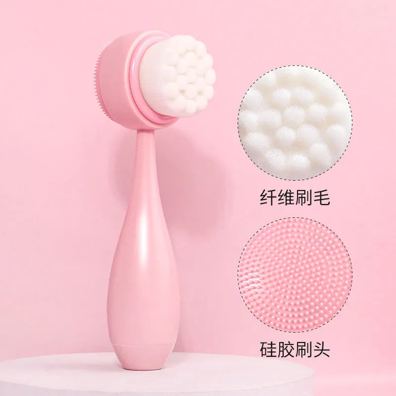Three-piece facial skincare set showing a nylon brush and a coral fleece hair band in purple.