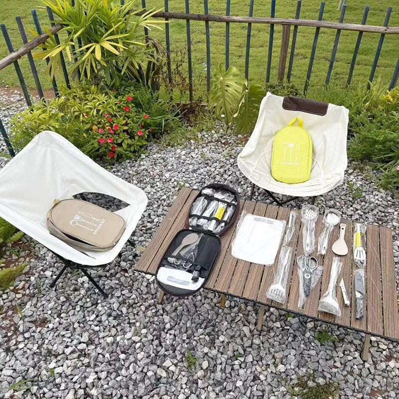 Portable picnic kitchenware storage bag containing 12-piece stainless steel cutlery set in khaki colour
