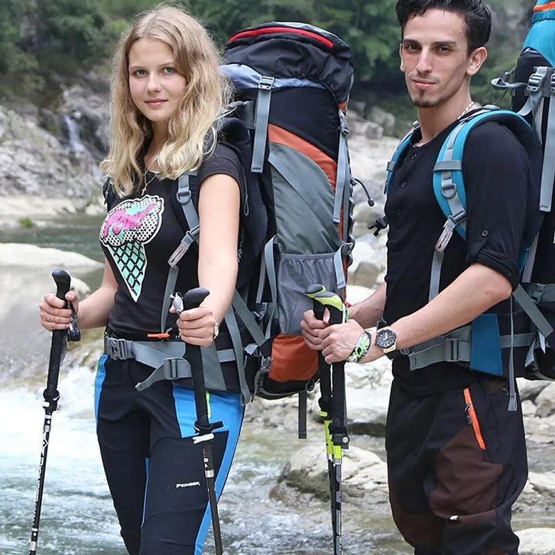 Carbon fibre folding climbing cane with tungsten steel tip shown in extended and collapsed positions