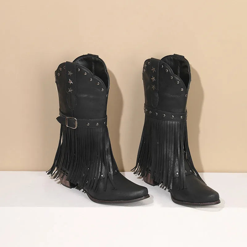 Women's Western belt buckle tassel middle boots in black with square toe and mid heel