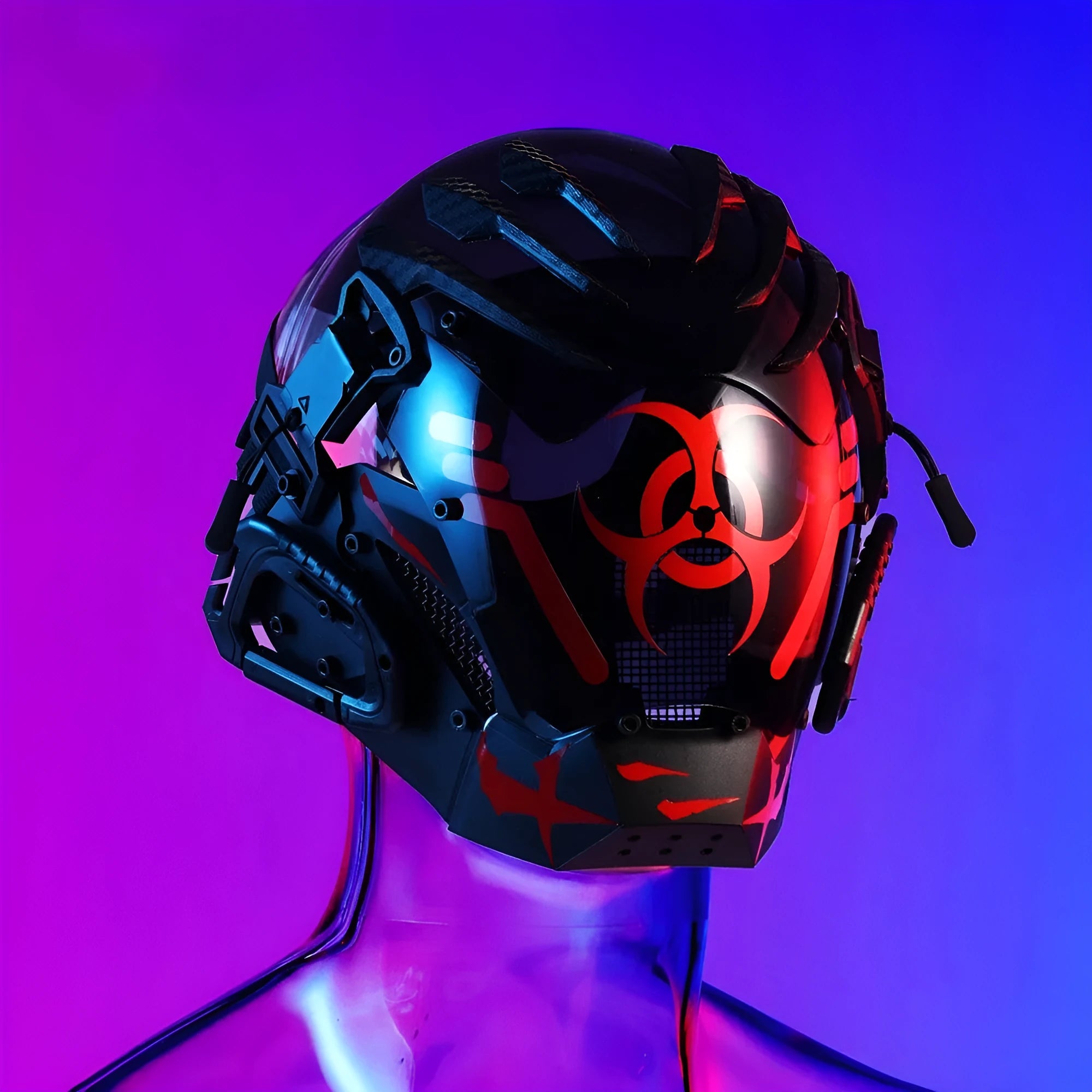 Black full-face bioweapon-style prop helmet with bio-mechanical details, shown from the front.