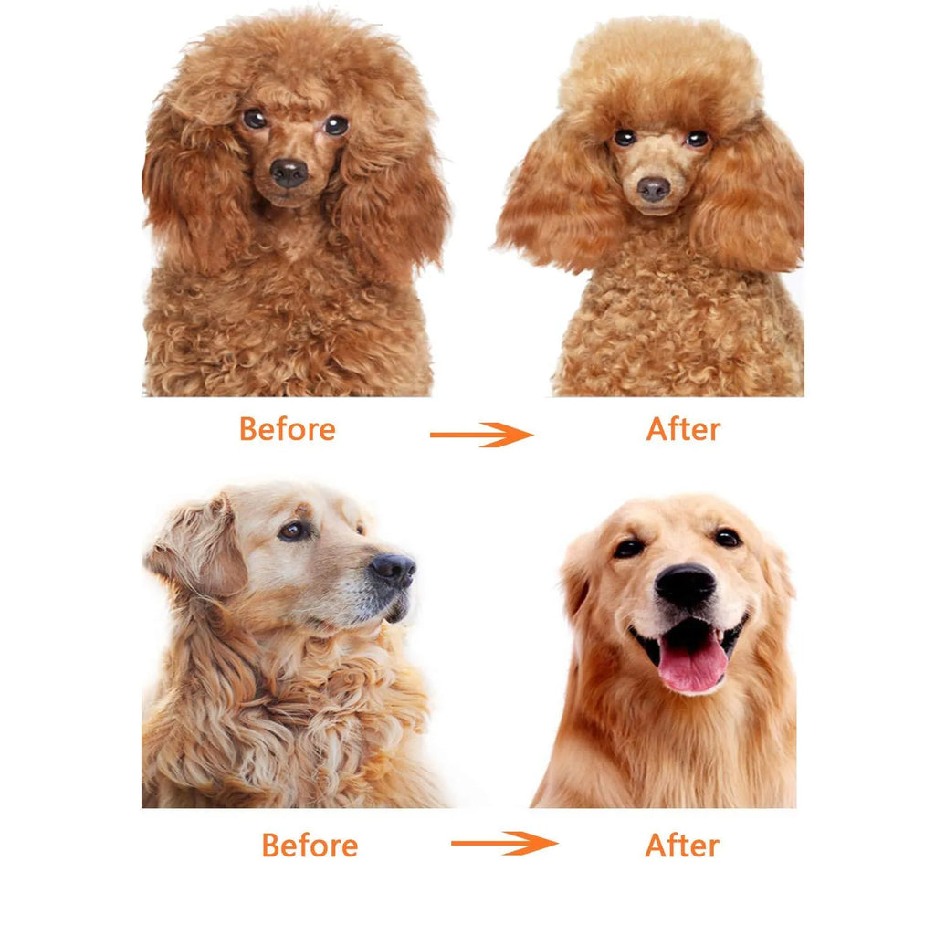 Red plastic handle pet grooming comb with short and long stainless steel detangling teeth.