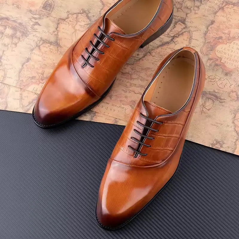 Men's handmade dress shoes in brown or black first layer cowhide with pointed toe and rubber sole, EU39-EU47.