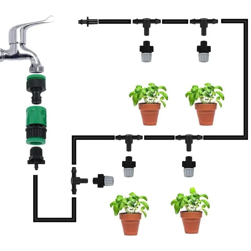 10-metre long green garden irrigation hose with 10 small micro spray heads for misting plants