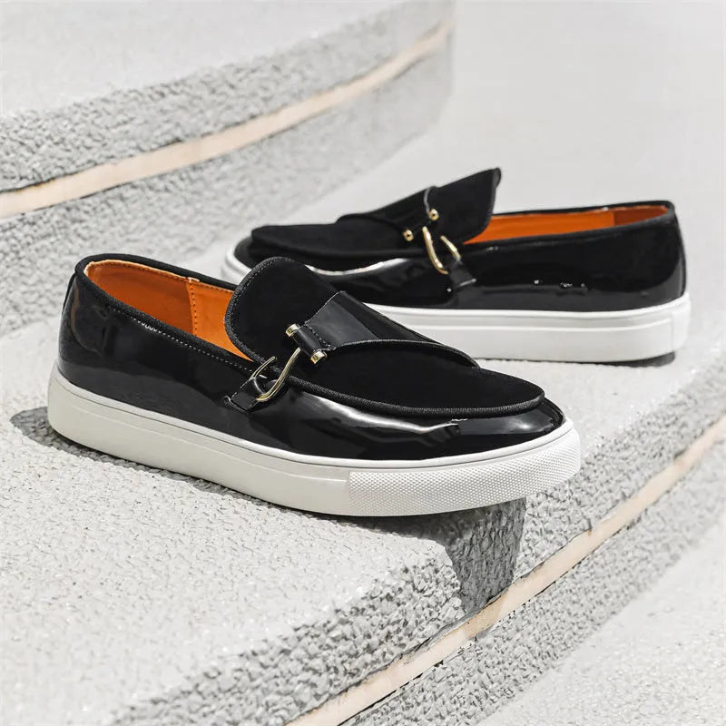 Men's casual shoes in solid black colour with artificial PU upper on plain background