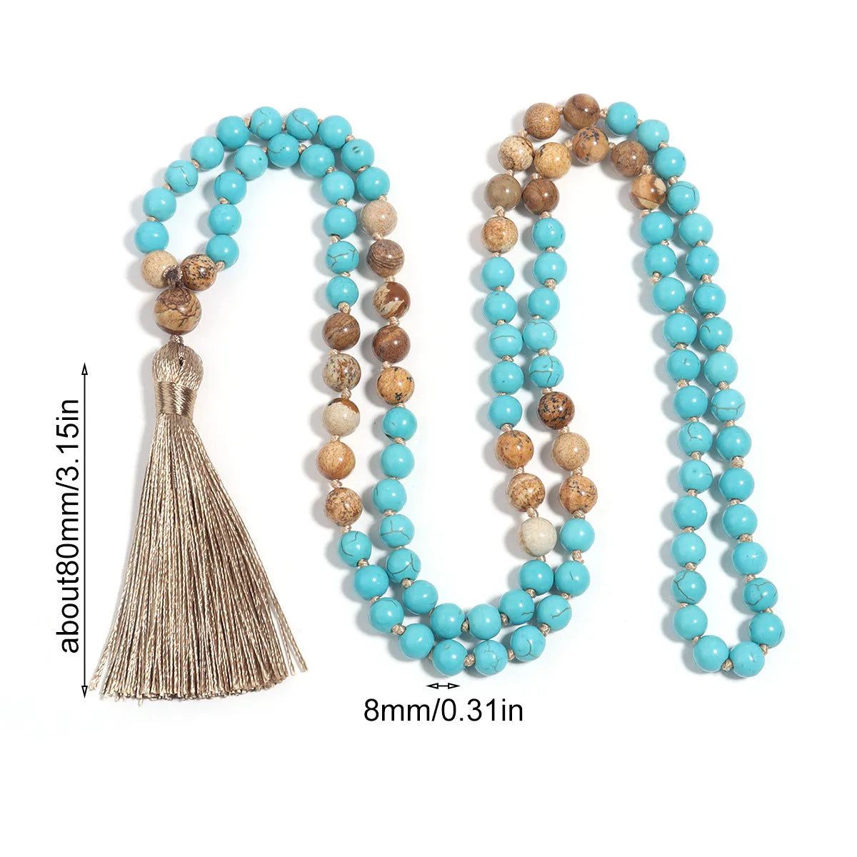 Long blue pine vintage turquoise painted stone mala necklace with 108 geometry beads on a ball bead chain.