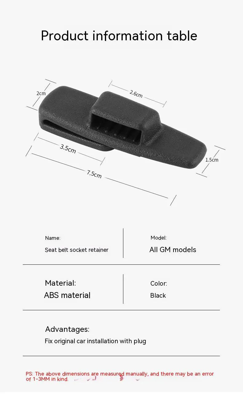 Two black ABS plastic universal car seat belt stopper clips on a white background.