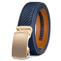 Men's automatic buckle belt in embossed PU leather with alloy buckle, showing colour style options.
