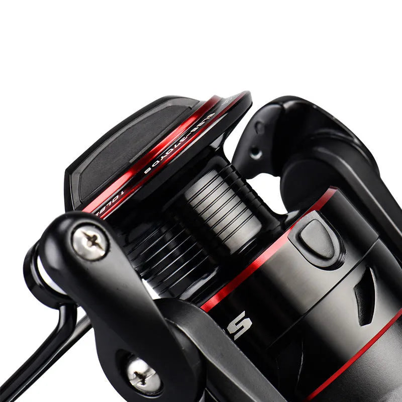 All-metal spinning fishing reel shown in four series sizes with telescopic fishing rod