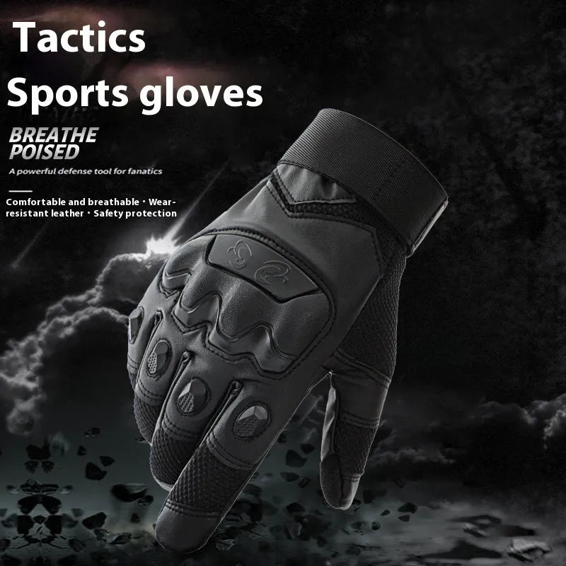 Men's black tactical full finger gloves with touch screen fingertips on a hand.