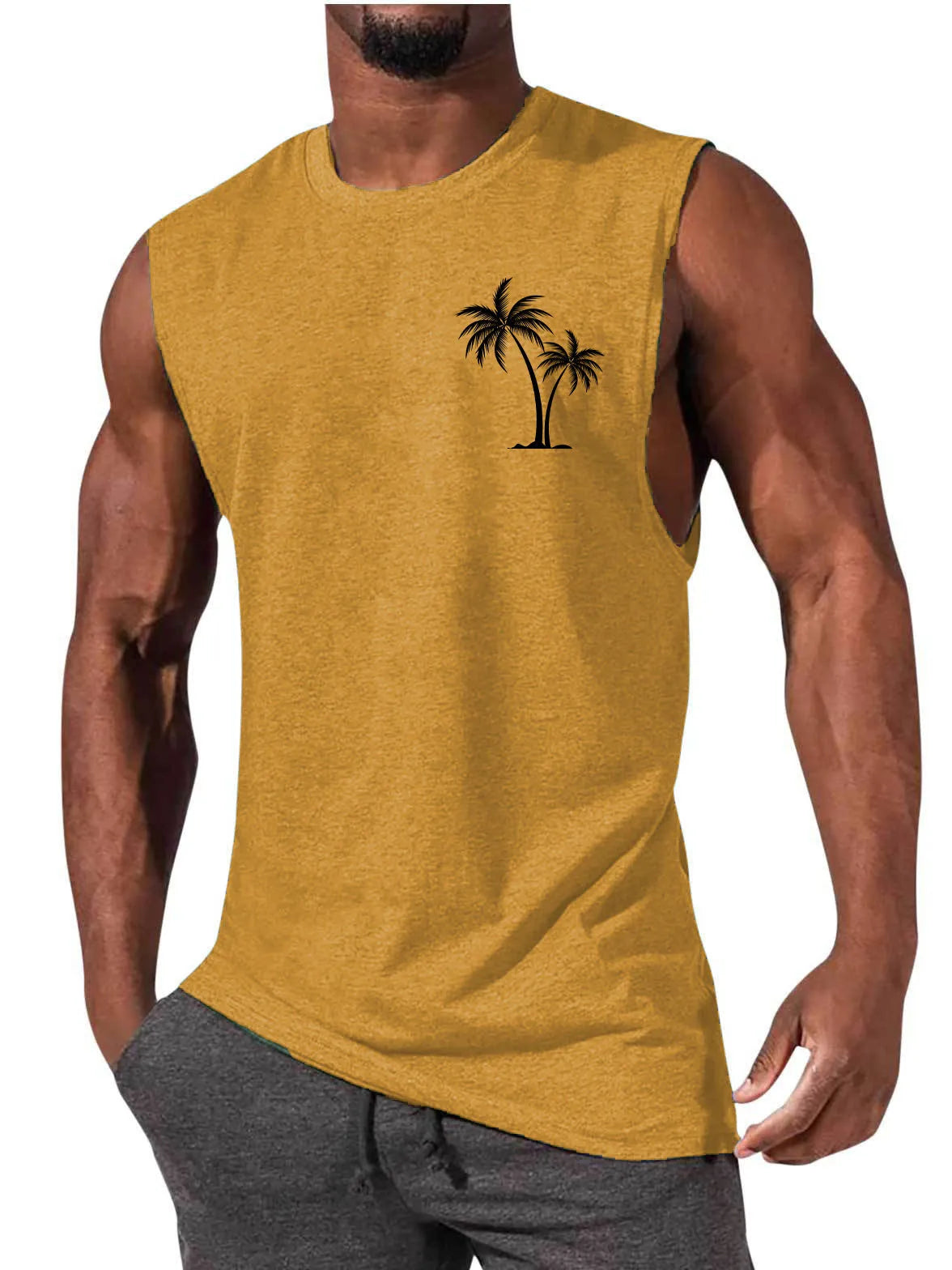 Mens loose sleeveless vest with digital print, straight hem, polyester milk silk fabric, summer casual top