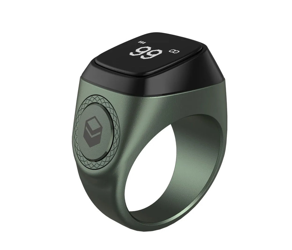 Zikr1 metal smart ring showing OLED display and button, in colours black, green, rose gold, and silver.