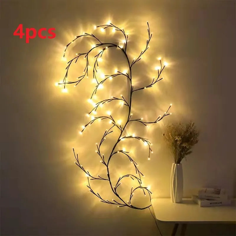 Flexible white birch texture LED vine garland with warm white lights bent into a decorative shape.